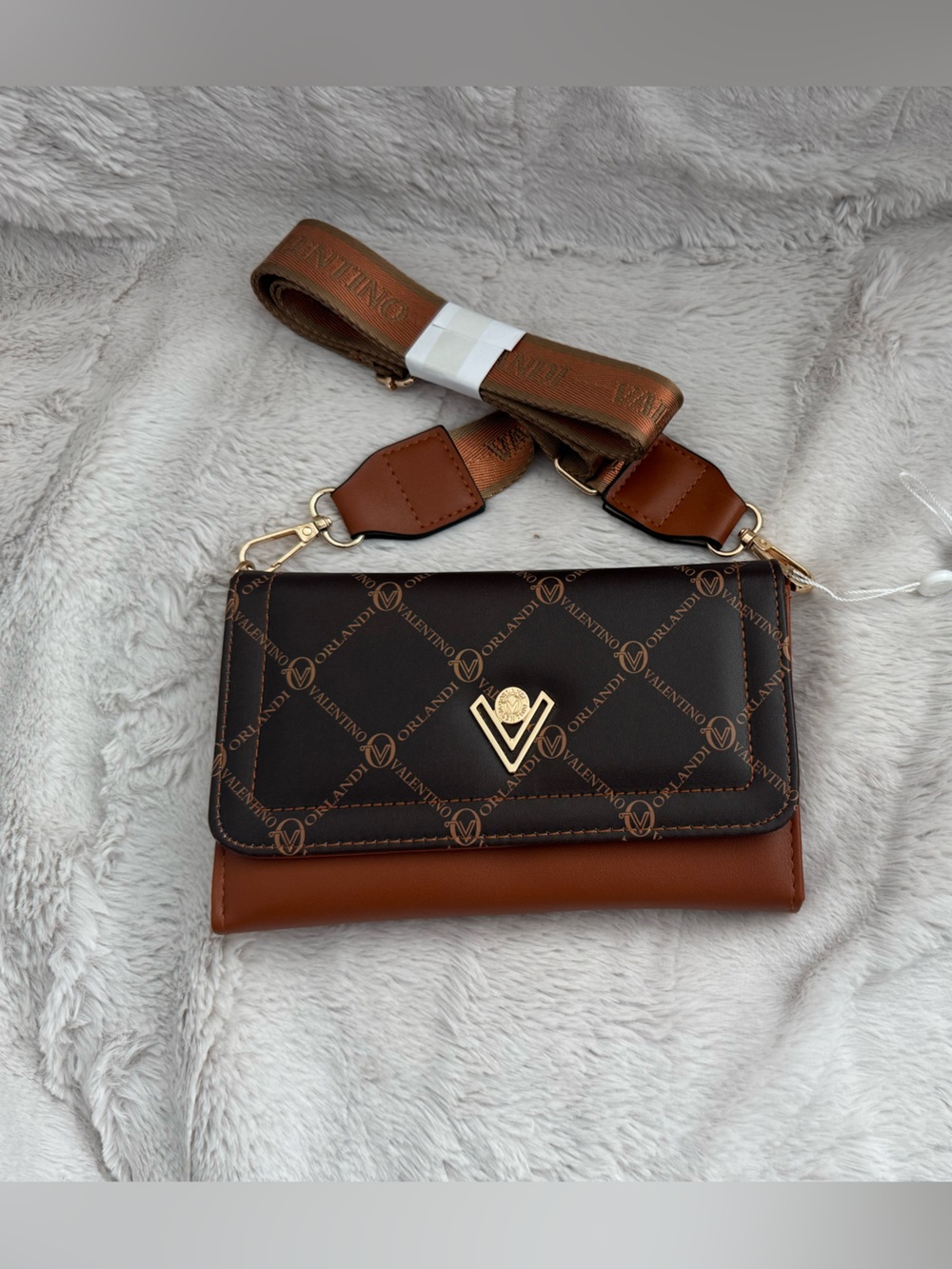 Valentino Brown Monogram Key & Card Holder with Gold Accent